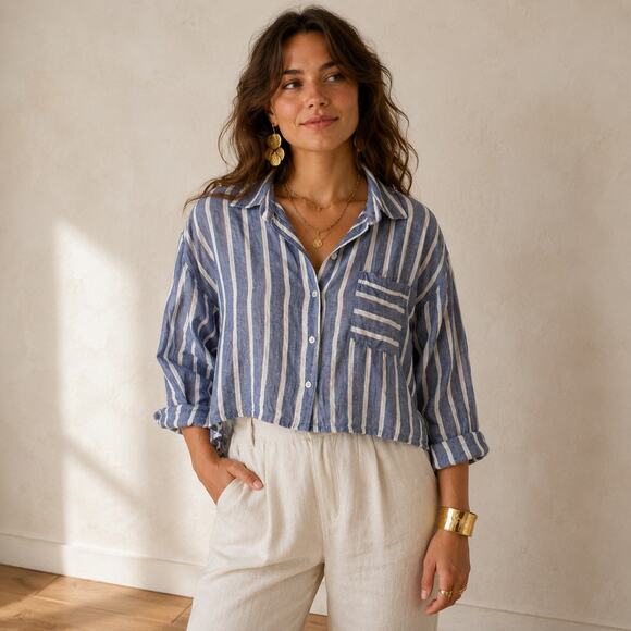 Sigrid Olsen Tops - Sigrid Olsen Linen Cotton Stripe Shirt XL Oversized Cropped Coastal Boho